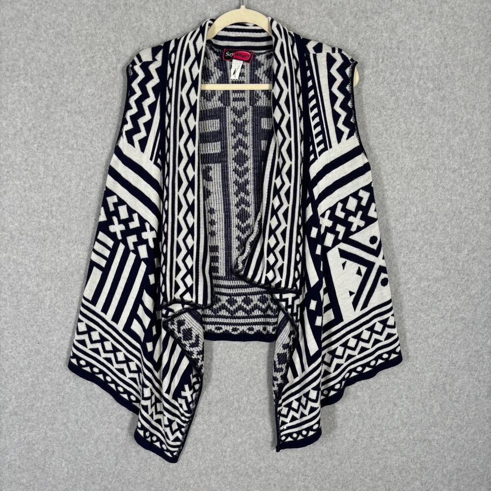 Sweater Cardigan Vest Womens Large Navy White Drape Open Aztec Boho Southwest